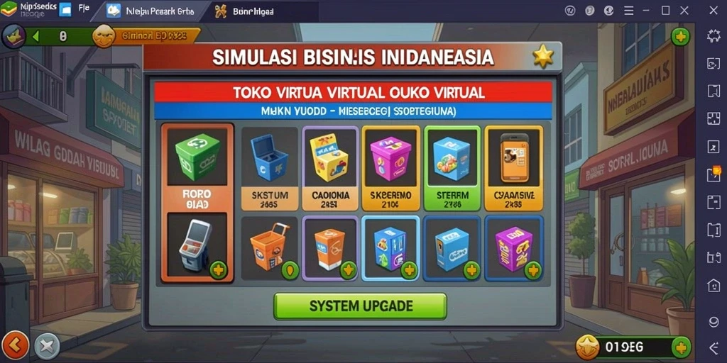 Tangkapan layar yang menampilkan berbagai item dan upgrade dalam game.